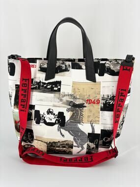 Heavy Canvas Tote Ferrari Inspired Vintage Racing Car Print Red Strap Large Bag